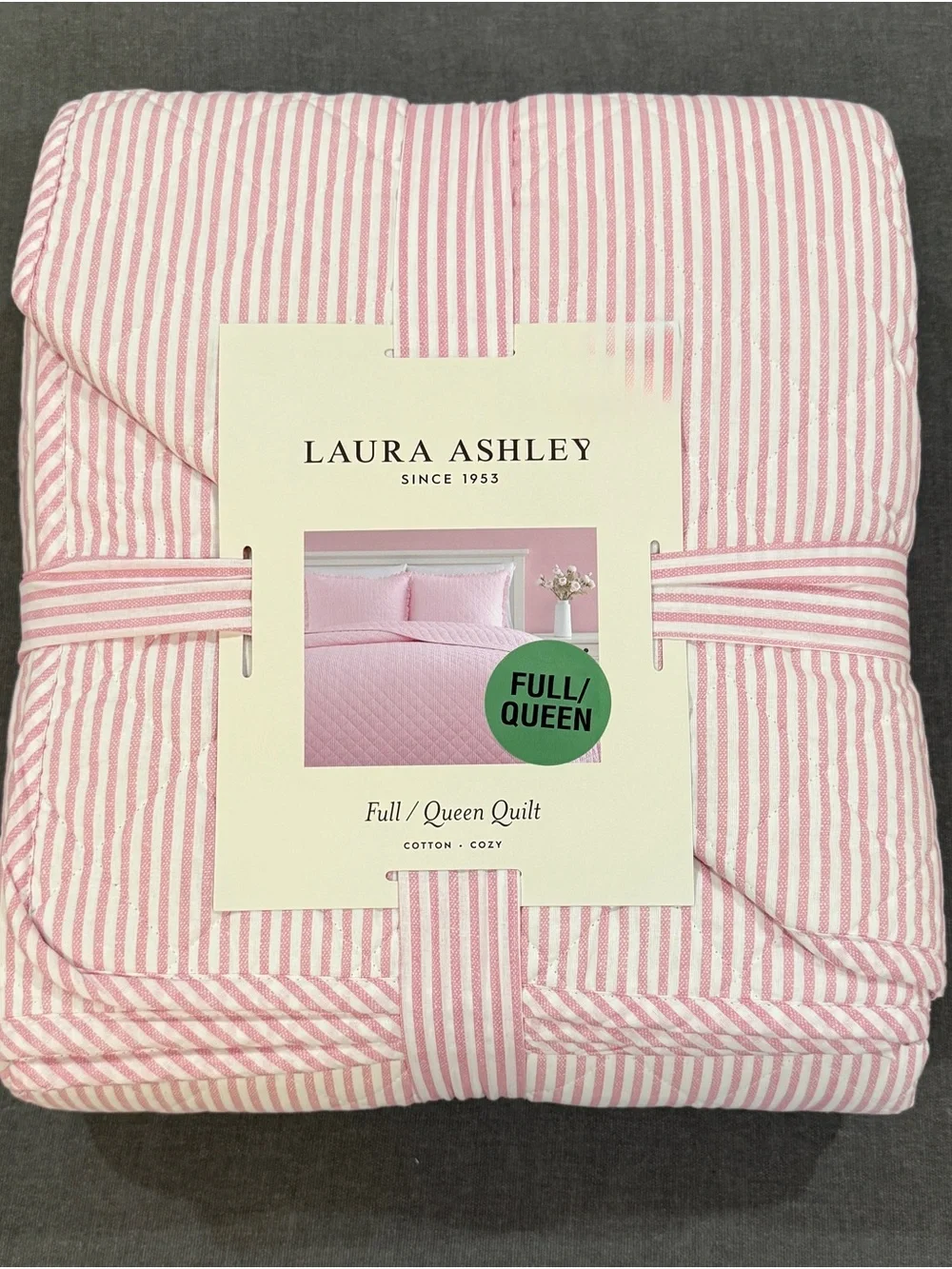 Laura Ashley Pink and White Striped Full/Queen Quilt